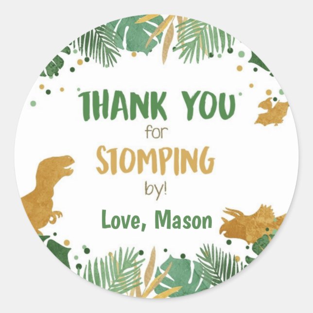 Sticker Rond Merci Dinosaure Stompe Par Boy Anniversaire (Devant)