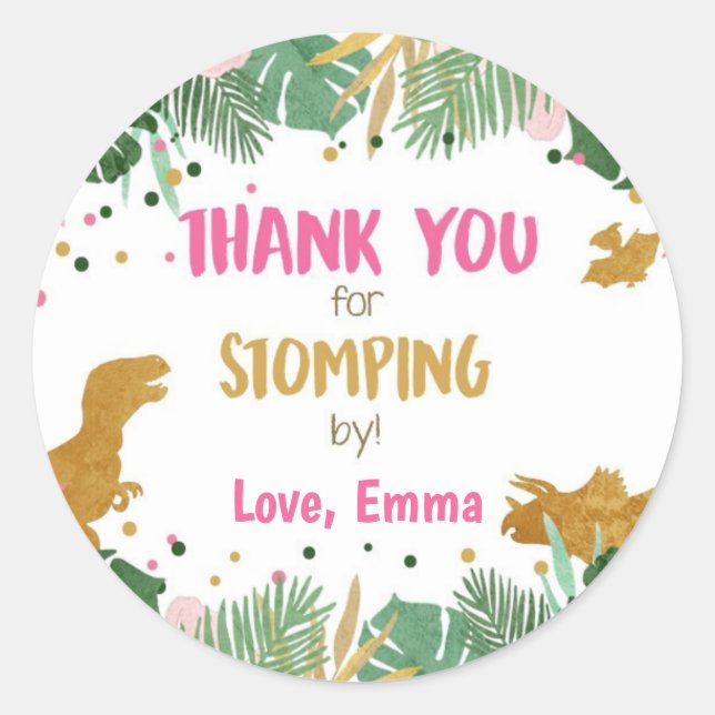 Sticker Rond Merci Dinosaure Stomping Par Fille Anniversaire (Devant)
