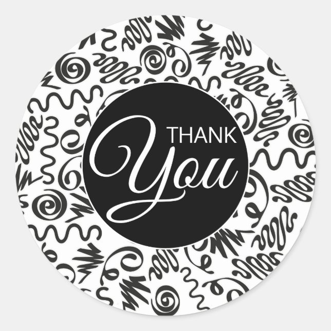 Sticker Rond Merci Doodle Curls Noir et Blanc (Devant)