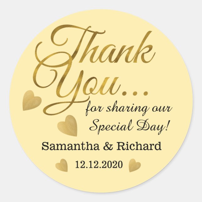 Sticker Rond Merci d'or jaune Faveur de mariage (Devant)