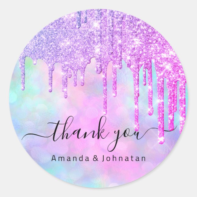 Sticker Rond Merci douce16e Parties scintillant Holographe Drip (Devant)