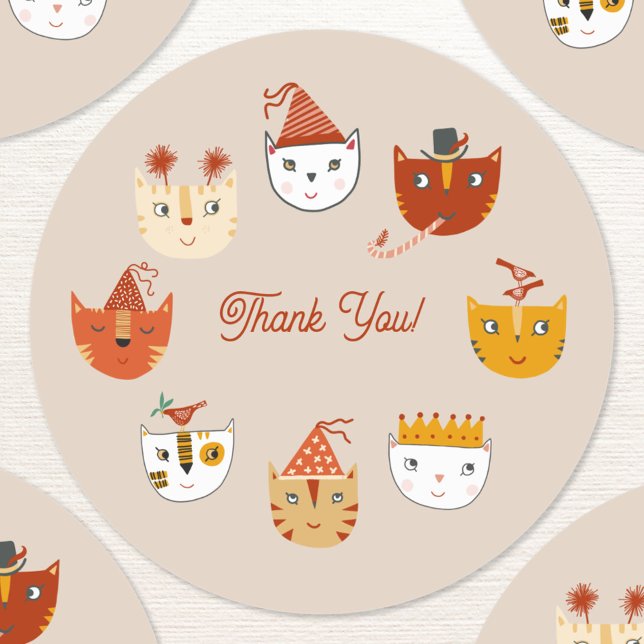 Sticker Rond Merci du chat de fête (Fun party cat thank you sticker)