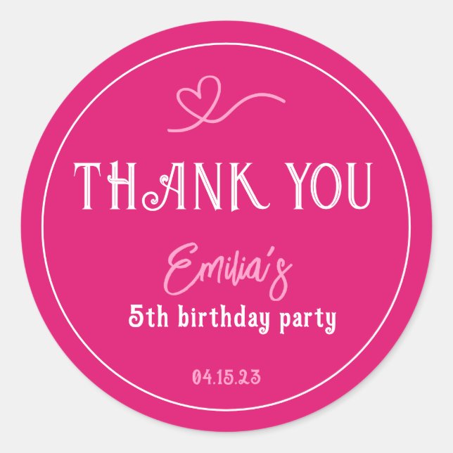 Sticker Rond Merci du parti Anniversaire de enfant rose vif (Devant)