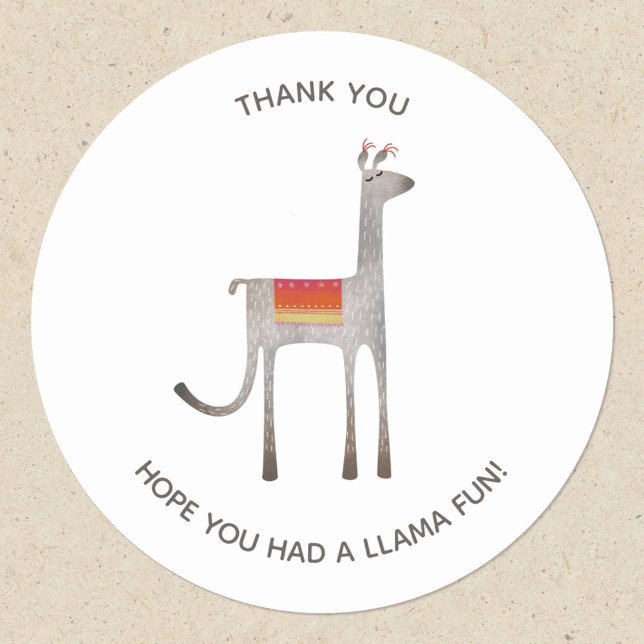 Sticker Rond Merci du parti Cute Llama Alpaca (Fun llama custom text thank you party stickers)