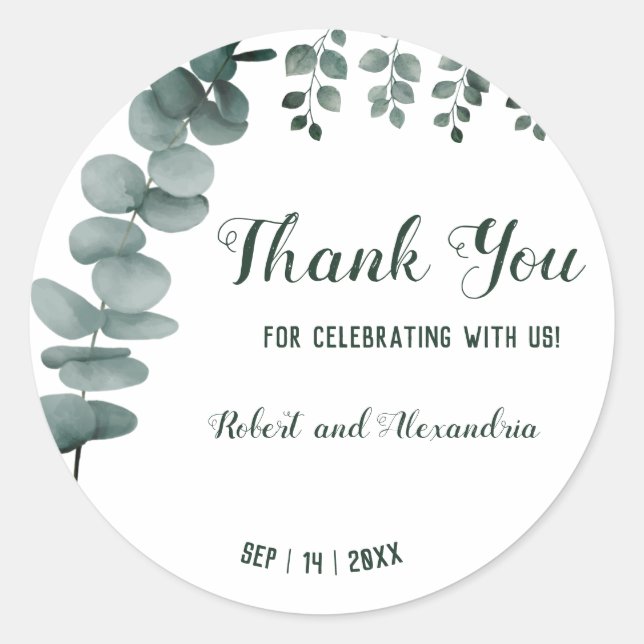 Sticker Rond Merci écologique Eucalyptus pour Mariage à venir (Devant)