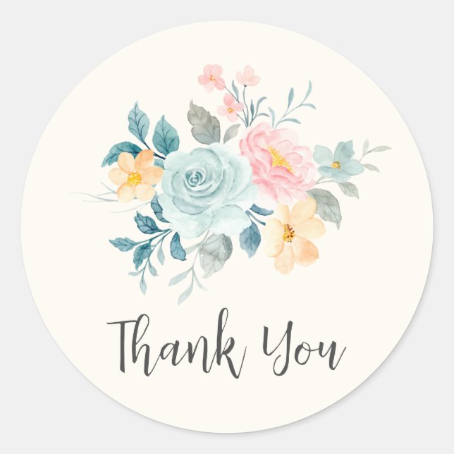 Sticker Rond Merci élégant de bouquet rose et bleu (Devant)