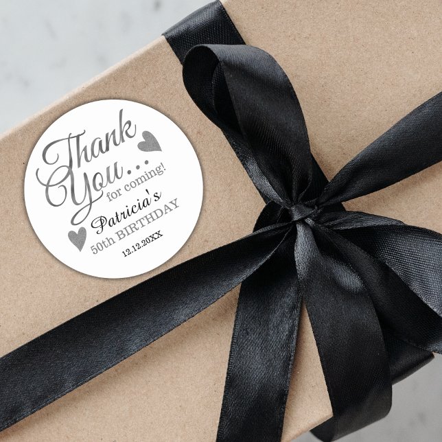 Sticker Rond Merci élégant Silver 50e anniversaire (Stylish Silver 50th Birthday Thank You Classic Round Sticker fiftieth party favor stickers)