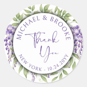 Sticker Rond Merci Élégant violet Floral Script Mariage
