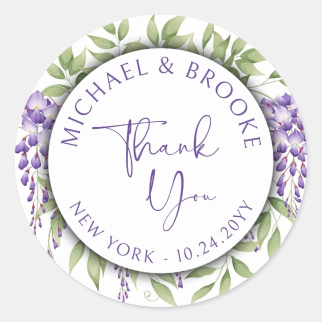 Sticker Rond Merci Élégant violet  Floral Script Mariage (Devant)
