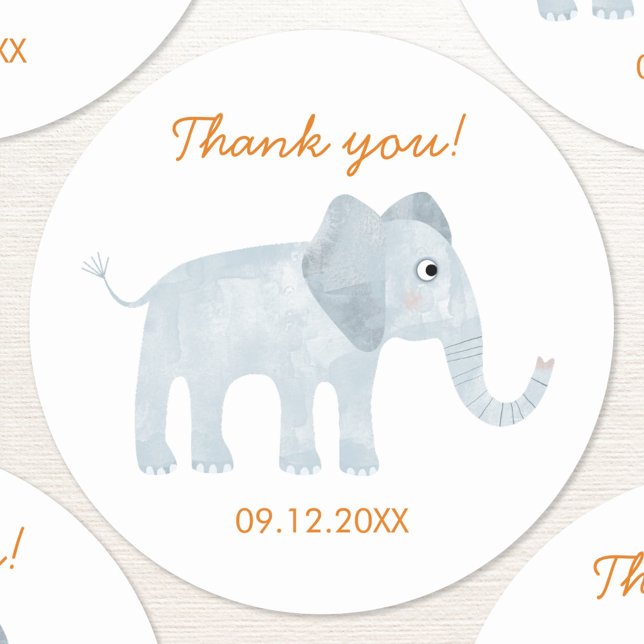 Sticker Rond Merci Eléphant Bébé mou Date (Fun baby elephant safari themed custom text thank you sticker with date)