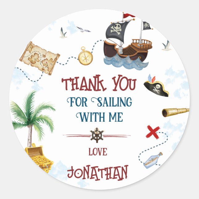 Sticker Rond Merci Enfants fête pirate Baby boy anniversaire (Devant)