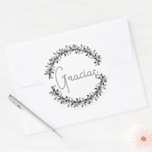 Sticker Rond Merci espagnol Gracias Gris Typographie Wreath