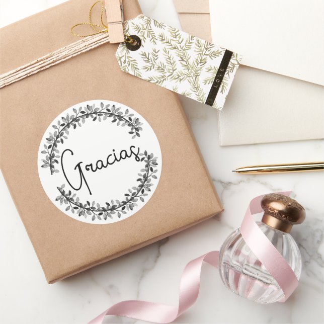 Sticker Rond Merci espagnol Gracias Typographie noire Wreath (Cadeaux)