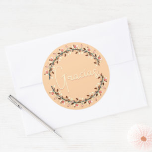 Sticker Rond Merci espagnol Gracias Yellow Typography Wreath