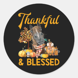Sticker Rond Merci Et Béni Cheval Citrouille Chute Thanksgivi