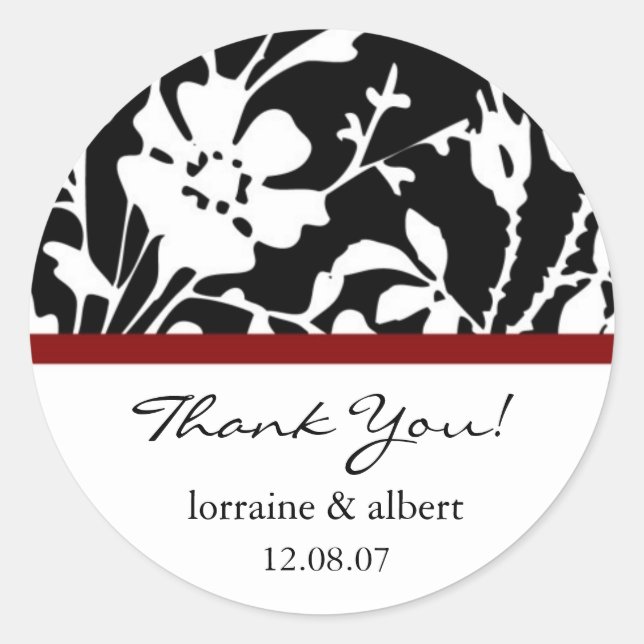 Sticker Rond Merci Étiquette, Noir Floral Haut (Devant)