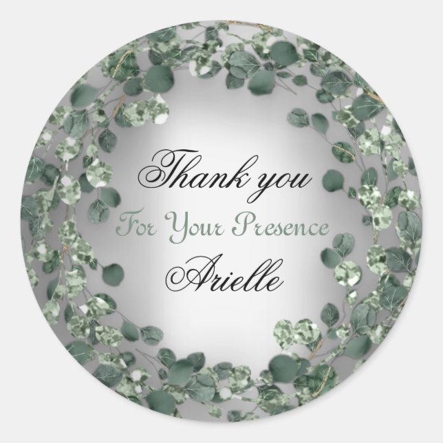 Sticker Rond Merci Eucalyptus Anniversaire Mariée Menthe Grise (Devant)