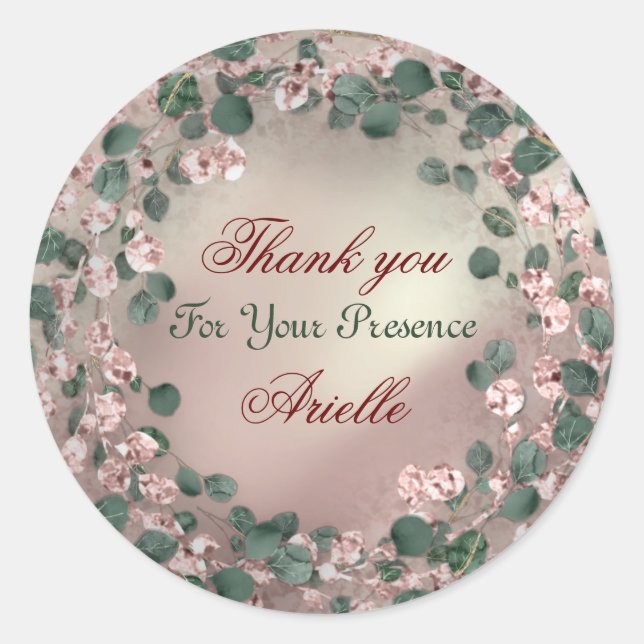 Sticker Rond Merci Eucalyptus Anniversaire Mariée Verdure Blush (Devant)