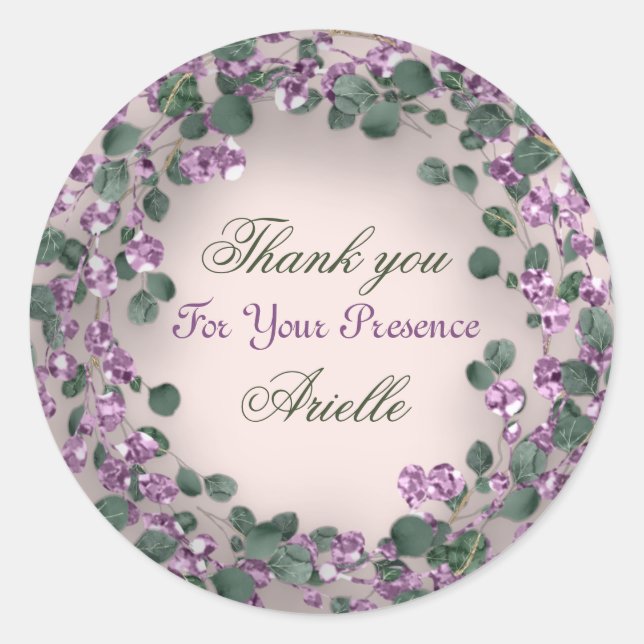 Sticker Rond Merci Eucalyptus Anniversaire Purple Vert Poudre (Devant)