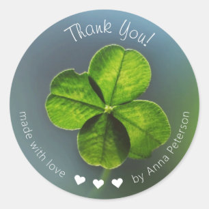 Sticker Rond Merci Fabriqué avec Love Vert Quatre Feuilles Clov