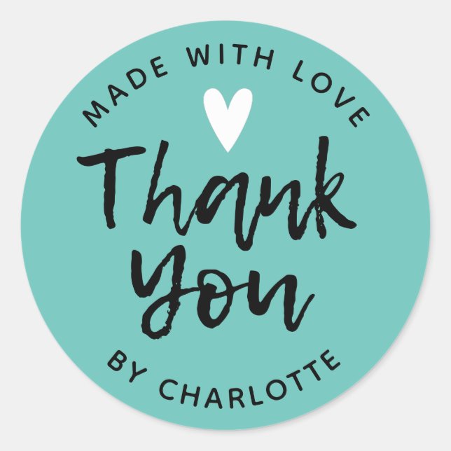 Sticker Rond Merci fait à la main avec amour turquoise (Devant)