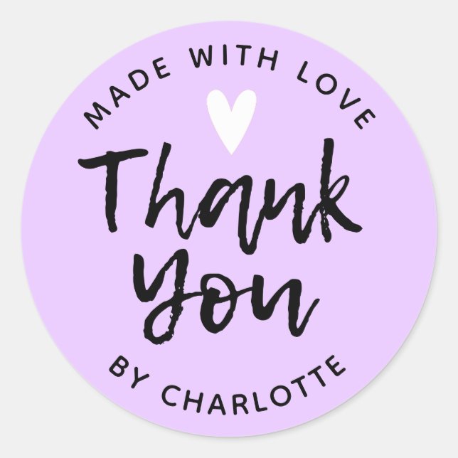 Sticker Rond Merci fait à la main avec amour violet (Devant)