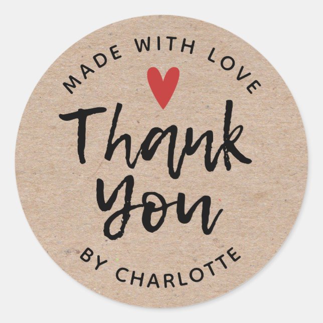 Sticker Rond Merci fait main avec amour rustique Kraft (Devant)