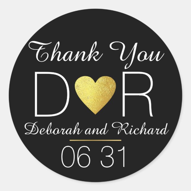 Sticker Rond merci . faux coeur or . mariage faveur noir (Devant)