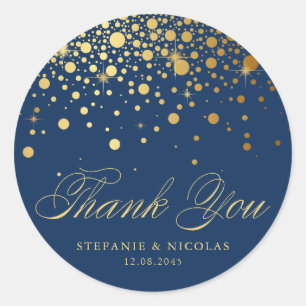 Sticker Rond Merci Faux Gold Foil Confetti Points bleu marine