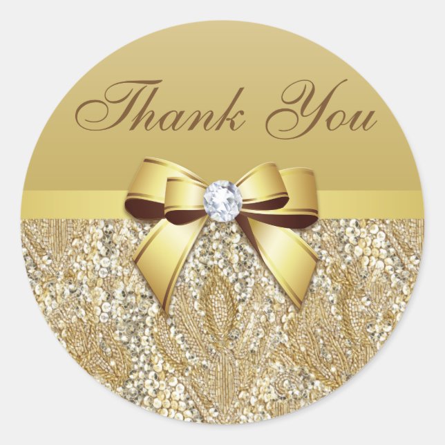 Sticker Rond Merci Faux Gold Sequins Bow Diamond (Devant)