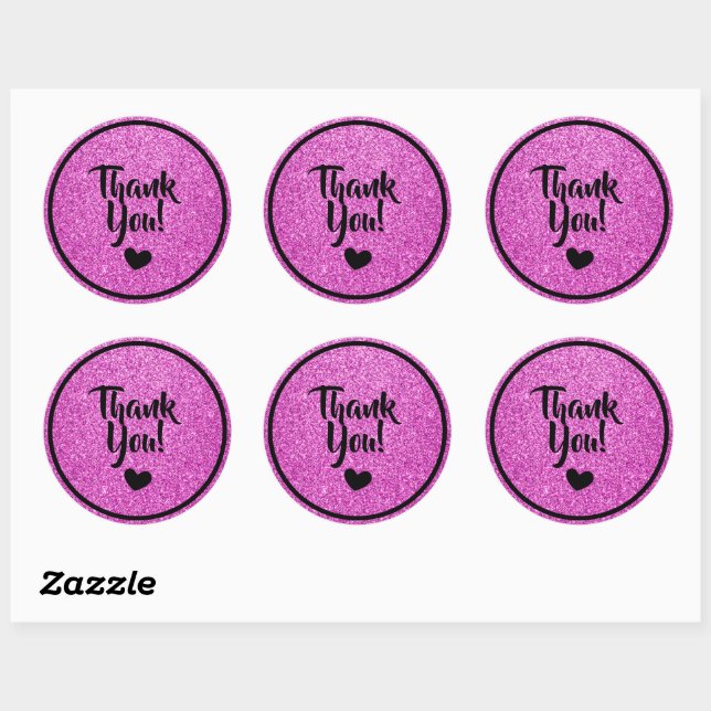 Sticker Rond Merci Faux Paillettes Noir et Rose (Feuille)