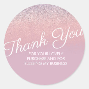 Sticker Rond Merci Faux Paillettes Rose et Violet Brillantes