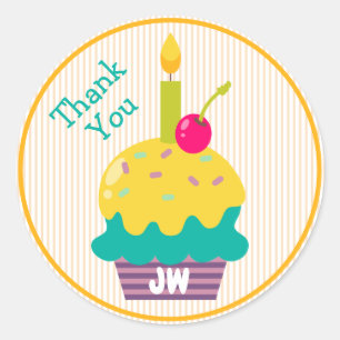 Sticker Rond Merci Favor Coloré citron Cupcake Monogramme