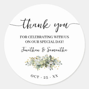 Sticker Rond Merci Favor Eucalyptus Parties scintillant Mariage