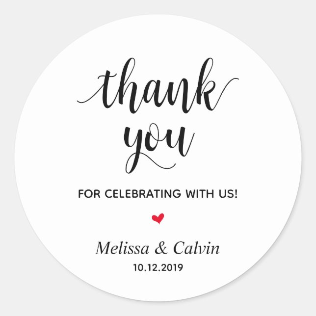 Sticker Rond Merci, fête avec nous, Cadeaux de Mariage (Devant)