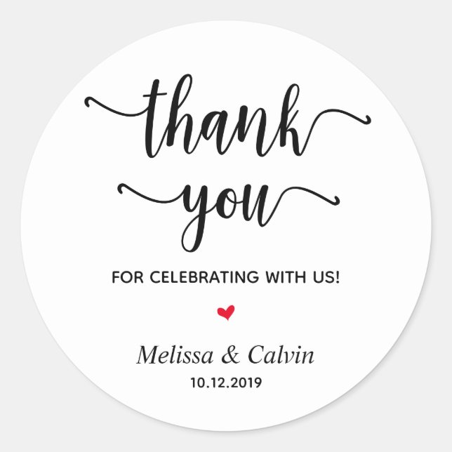 Sticker Rond Merci, fête avec nous, Cadeaux de Mariage (Devant)