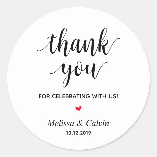 Sticker Rond Merci, fête avec nous, Cadeaux de Mariage (Devant)