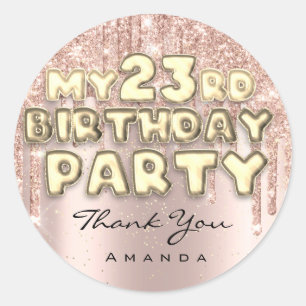 Sticker Rond Merci Fête d'anniversaire 23 ans Glitter Drips Ros