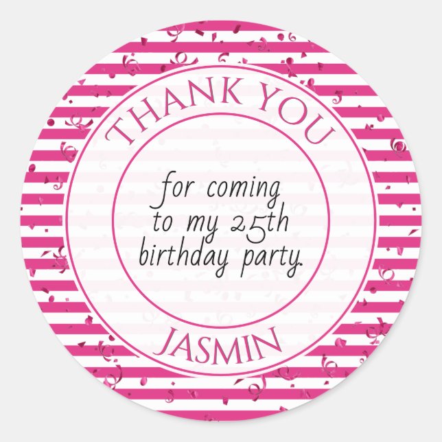 Sticker Rond Merci fête d'anniversaire Fuchsia/White Stripe (Devant)