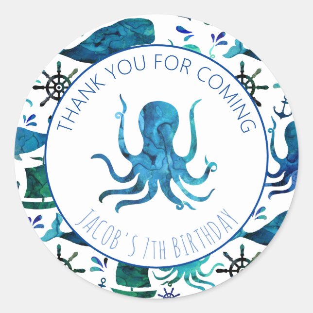 Sticker Rond Merci fête d'anniversaire Marine Octopus Nautique (Devant)
