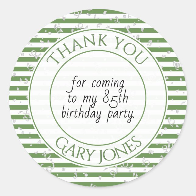 Sticker Rond Merci Fête d'anniversaire Vert/Blancs (Devant)