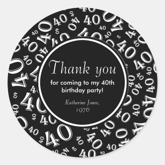 Sticker Rond Merci : Fête du 40e anniversaire noir et blanc (Devant)