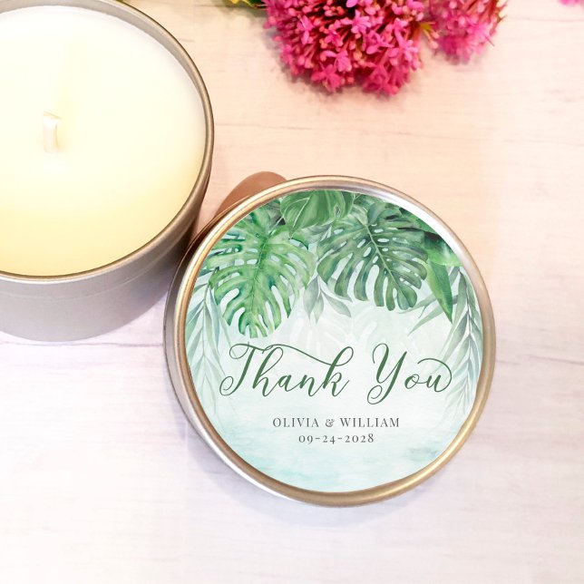 Sticker Rond Merci Feuille d'aquarelle tropicale Mariage (Créateur téléchargé)