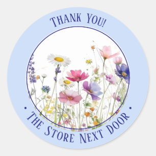 Sticker Rond Merci fleur sauvage d'aquarelle bleu clair