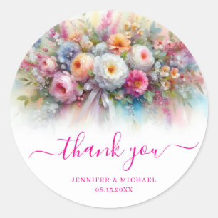 Sticker Rond Merci Fleurs Aquarelle Art Typographie