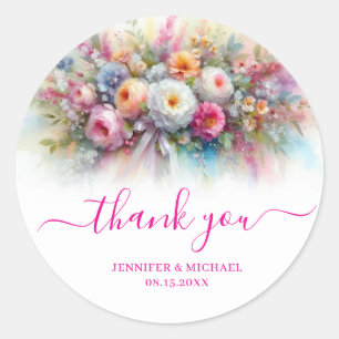 Sticker Rond Merci Fleurs Florales Aquarelle Écriture Manuscrit