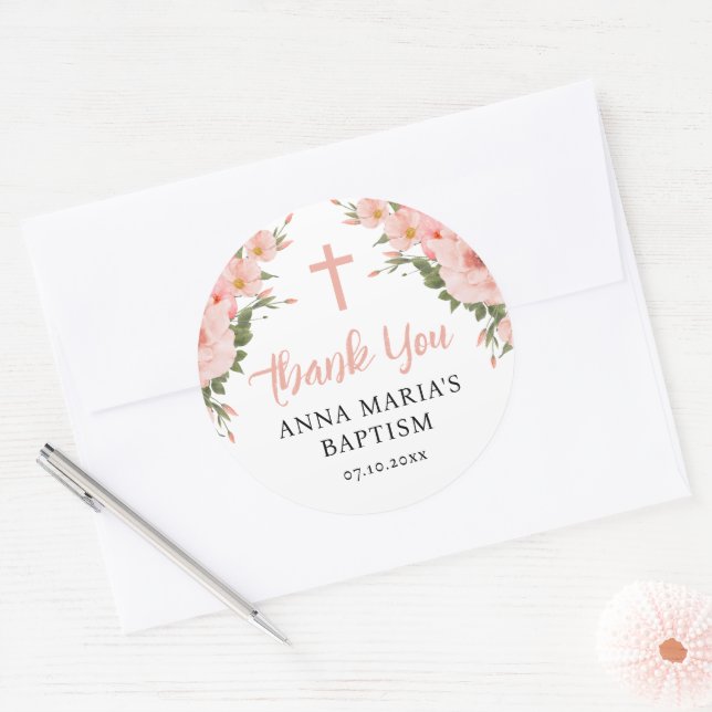 Sticker Rond Merci Fleurs Roses Fille Baptême (Enveloppe)