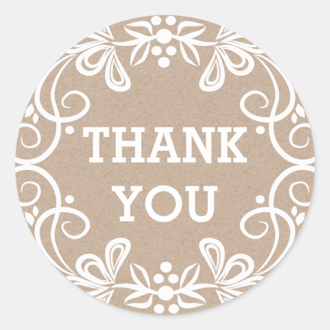 Sticker Rond Merci floral blanc rustique Kraft (Devant)