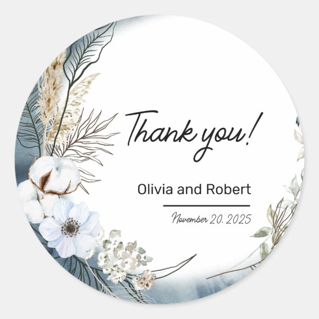 Sticker Rond Merci Floral Boho Beige Bleu (Devant)