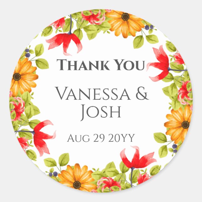 Sticker Rond Merci floral brillant moderne Favoriser mariage (Devant)